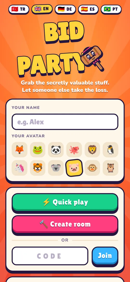 The BidParty home screen with the gavel mascot