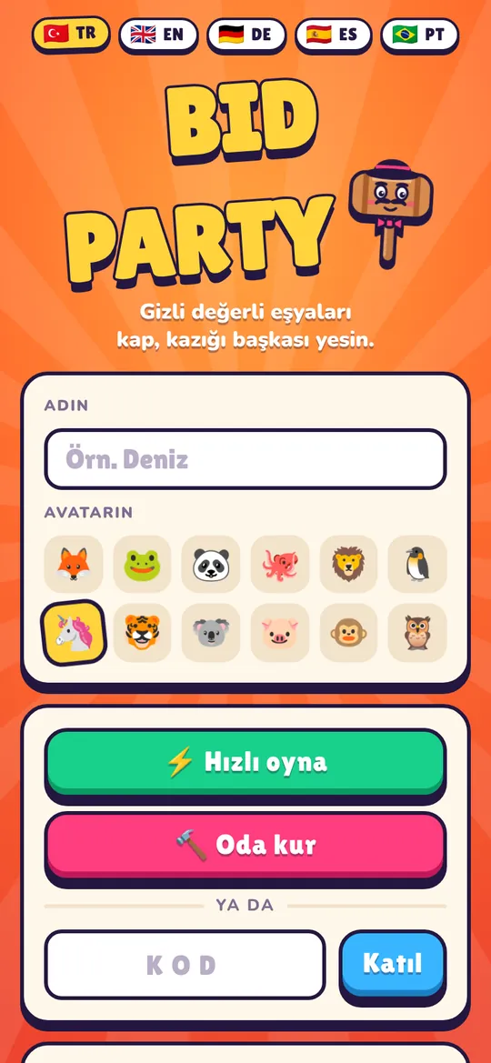 Tokmak maskotuyla BidParty ana ekranı