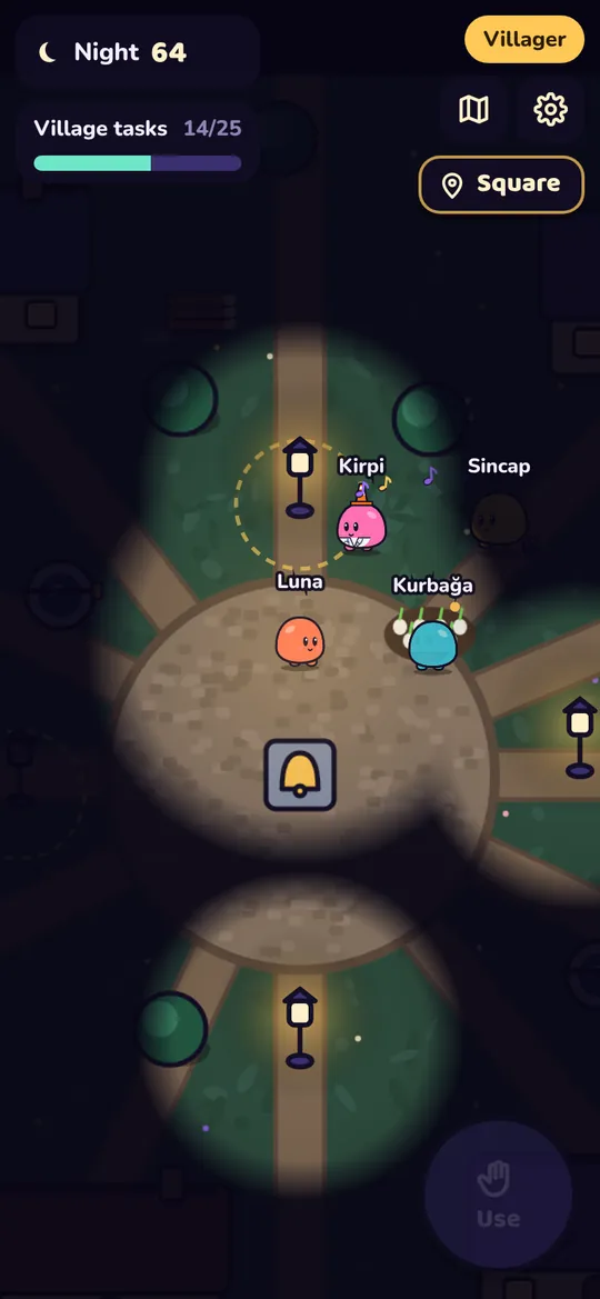 Night in the village, lit by lanterns